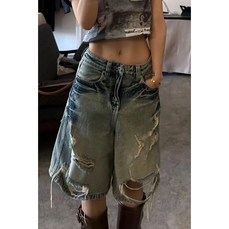 Women s Distressed Washed Denim Capris Loose Wide-Leg Ripped Mid-Length Jeans XL