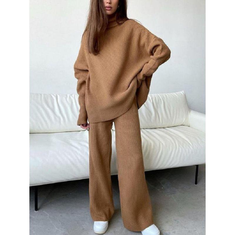 Women's Casual Two-Piece Suit, Long Sleeve, Wide-Leg Pants, Loose Turtleneck, Knitted, European and American Fashion