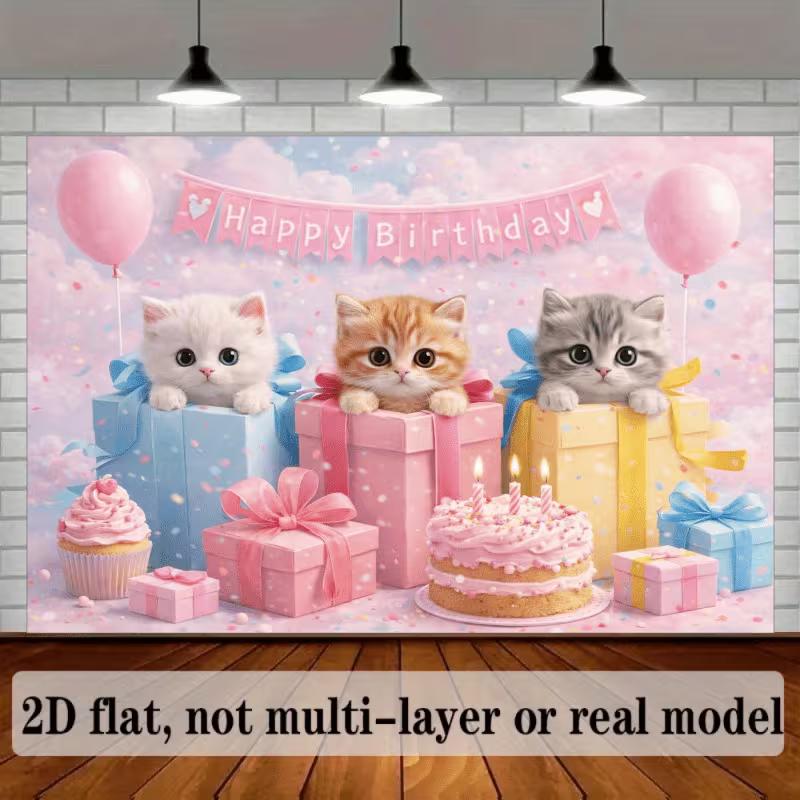 2D Cute Kitten Happy Birthday Backdrop Pink Balloon Photography Background