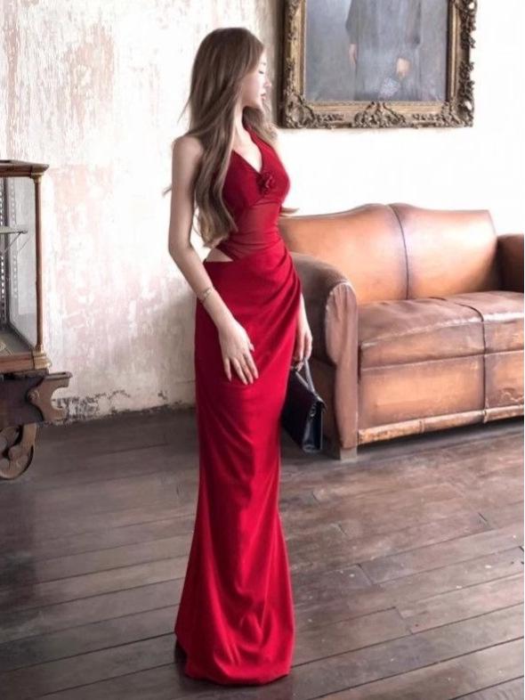 Maxi Abito da Donna Rosso Floreale con Schiena Scoperta e Scollo all'Americana – Elegante per l'Estate, Formale, Vestibilità aderente, che abbraccia i fianchi