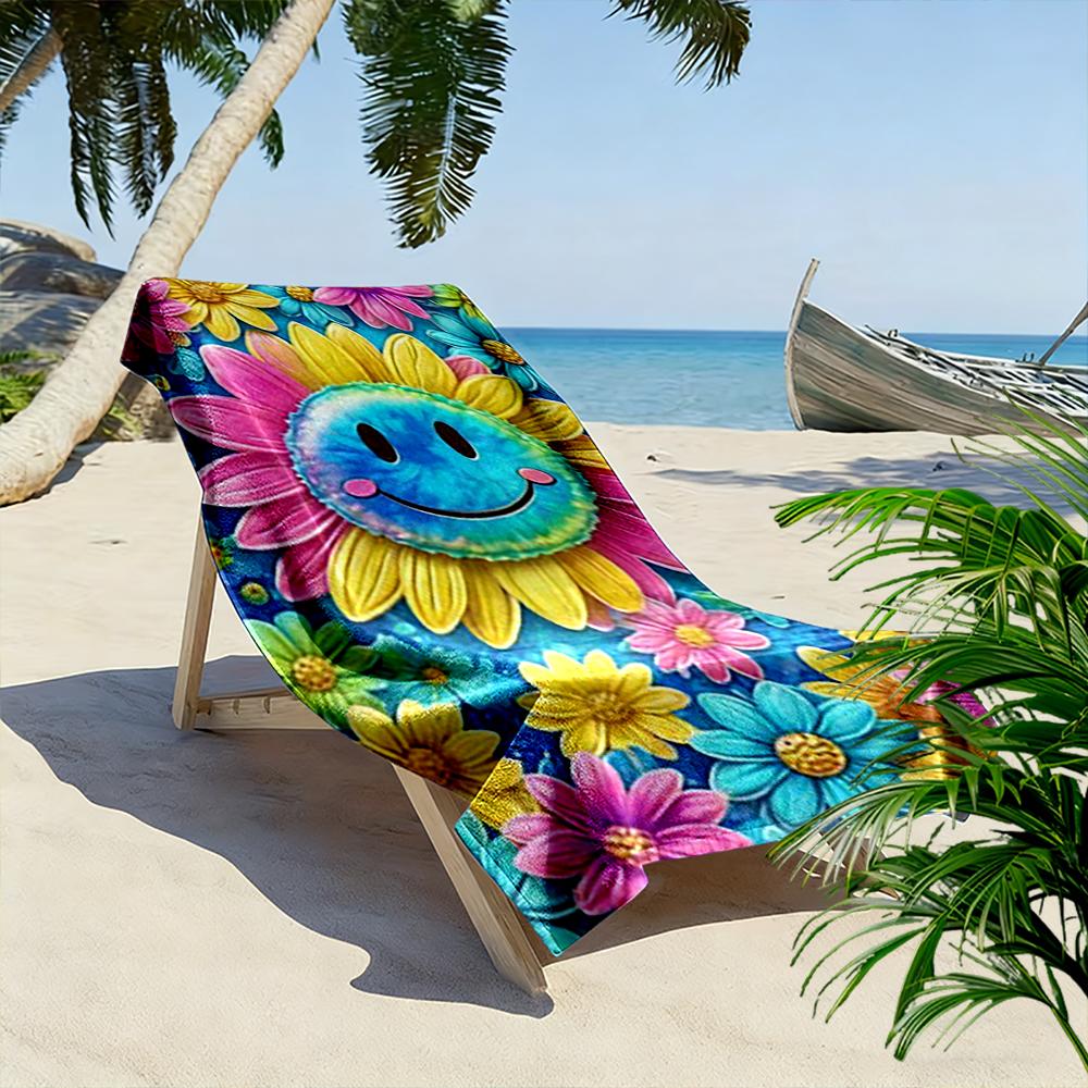 Smiley Face with Colorful Flowers Design Beach towel quick-drying for travel outdoor sports jogging beach and swimming