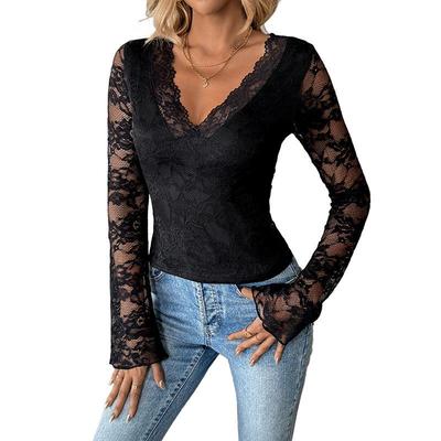 Women's Lace V-Neck Long Sleeve Sheer Top Elegant Slim Fit Blouse Versatile Premium Quality for Everyday Wear