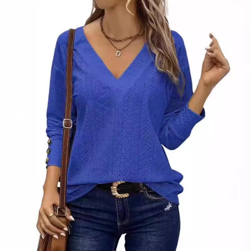 Women's Hollowed Out V-neck Off Shoulder Long Sleeved Button T-shirt