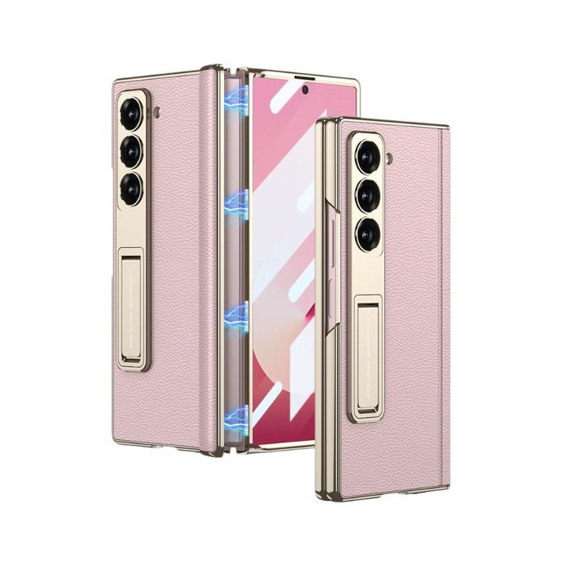 Galaxy Z Fold6 Full Coverage Magnetic Snap-on Case With Stand Electroplated Faux Leather Hybrid Shell
