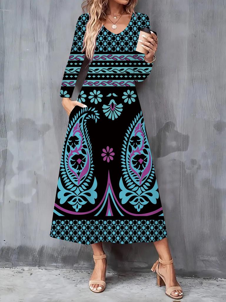 2025 Herbst und Winter Neues Damen Casual Modekleid 3D Retro Musterdruck Langarm V-Ausschnitt A-Linien-Kleider