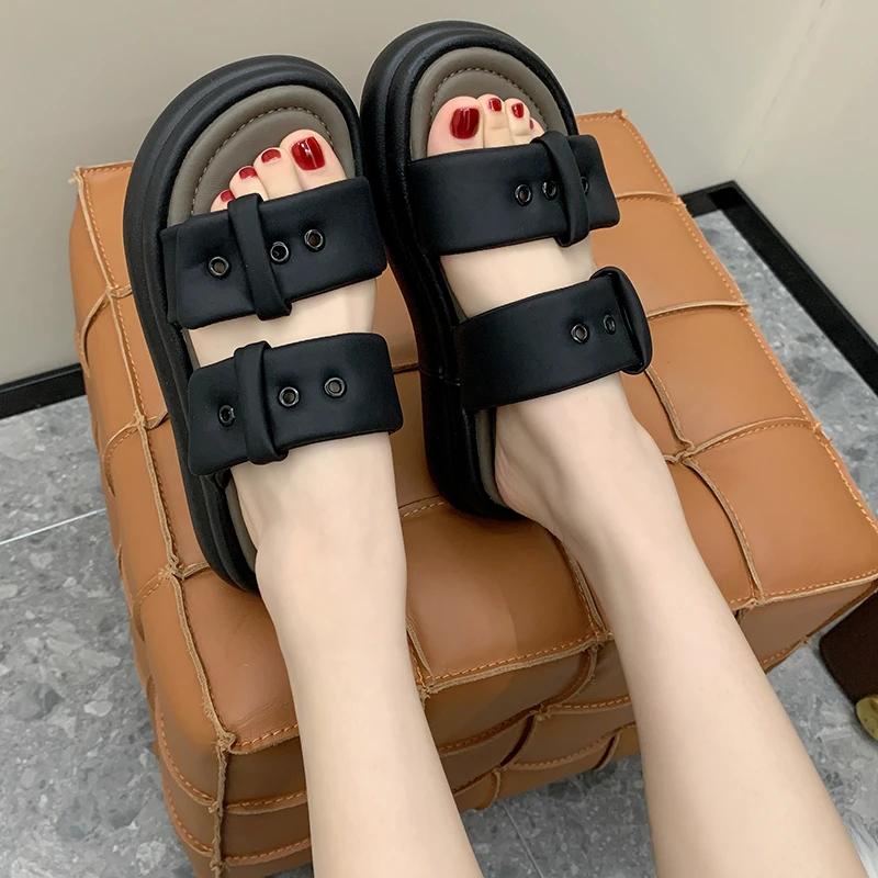 

Модные новые женские легкие шлепанцы с пряжкой на толстой подошве, летние шлепанцы на платформе, мягкие ЭВА, для улицы, плюс обувь на низком каблуке 35 чёрный