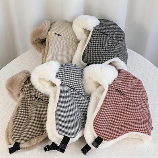 Lei Feng Hat Plaid Print Velvet Lining Buckle Closure Ear Protection Hat Windproof Cold Weather Outdoor Hat
