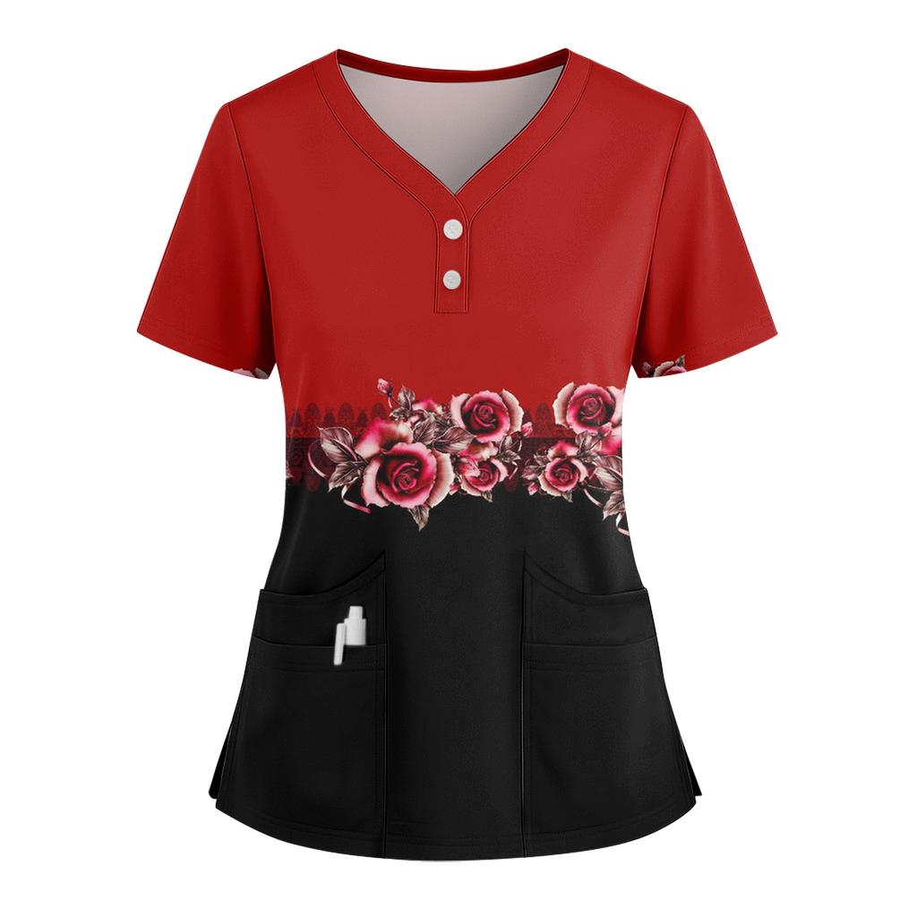 Women's Loose Short Sleeved Fashionable Flowers And Plants Printing V-neck Buttonable Side Slit Top T-shirt