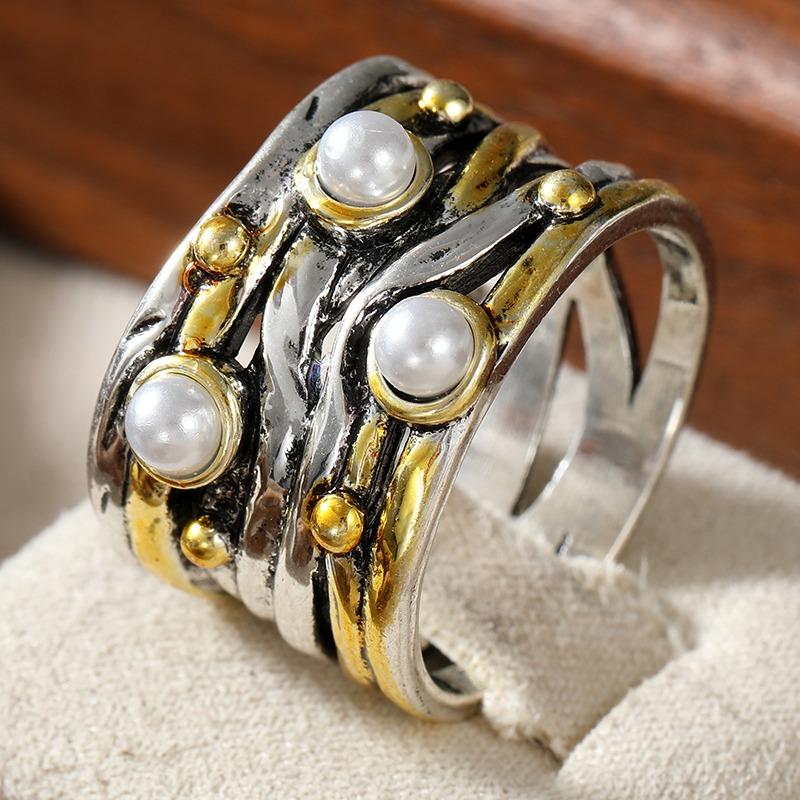 Ethnischer Intarsien-Ring mit Imitation Perlen für Damen, Vintage, Zweifarbig, Geometrisch, Tägliches Tragen, Party Schmuck, Jahrestagsgeschenk