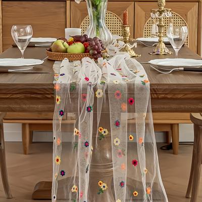 Embroidered Flower Table Runner Sheer Mesh Gauze Tablecloth for Spring Summer Delicate Floral Lace Table Decor for Wedding Party Dining Table
