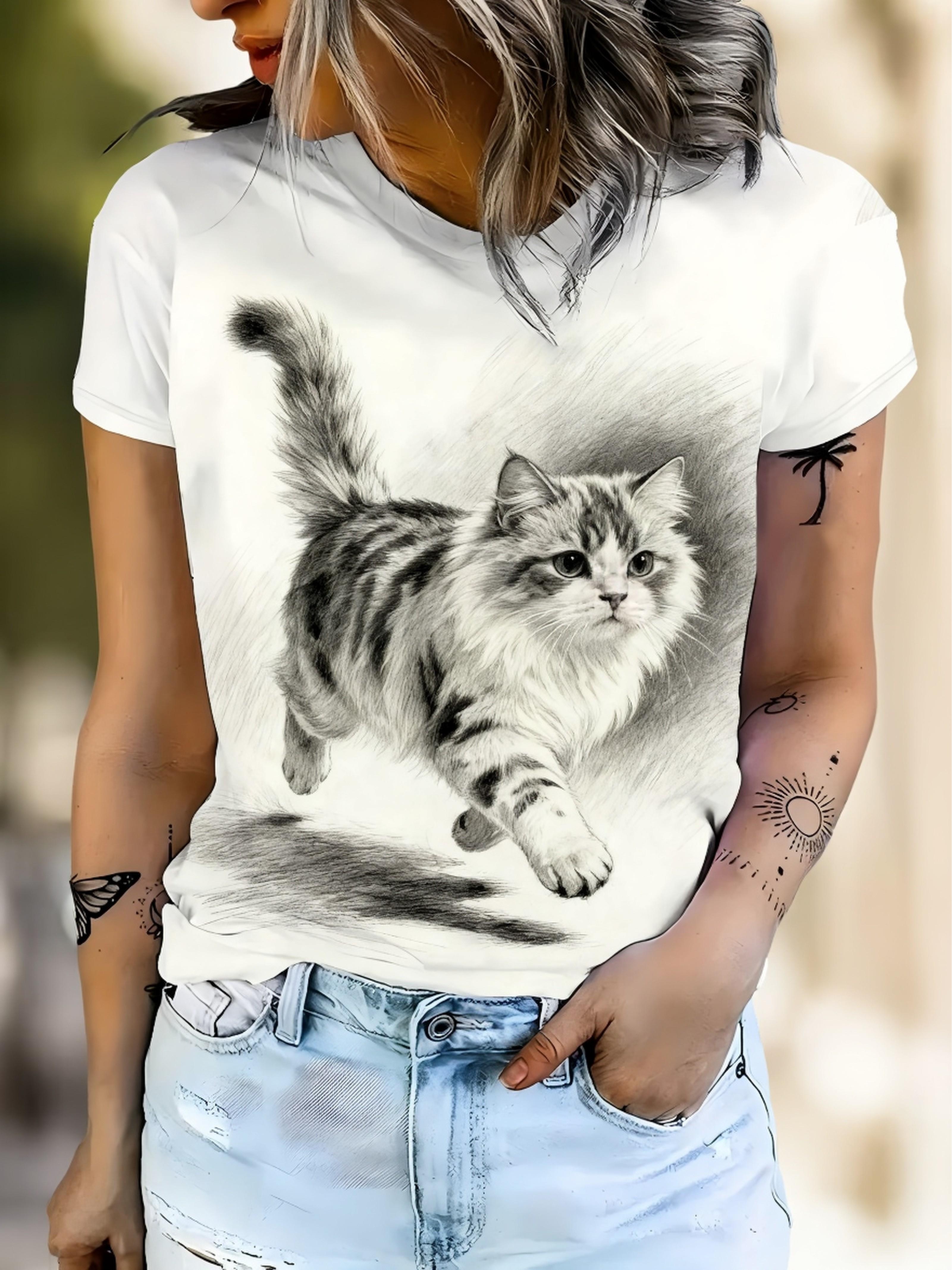 

Women s White Short Sleeve T-Shirt with Realistic Tabby Cat Print - Soft Suitable for Daily Wear. Fluffy Kitten Pencil Sketch Blouse Style Top. Machin L дубильна кора
