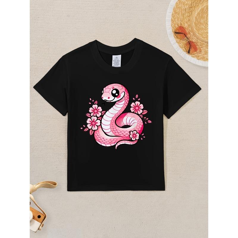 European Sizes Kawaii Pink Snake and Flowers Year of Snake Funny Awesome Graphic Kid T-Shirt | Casual Streetwear Tees Tops for Kids