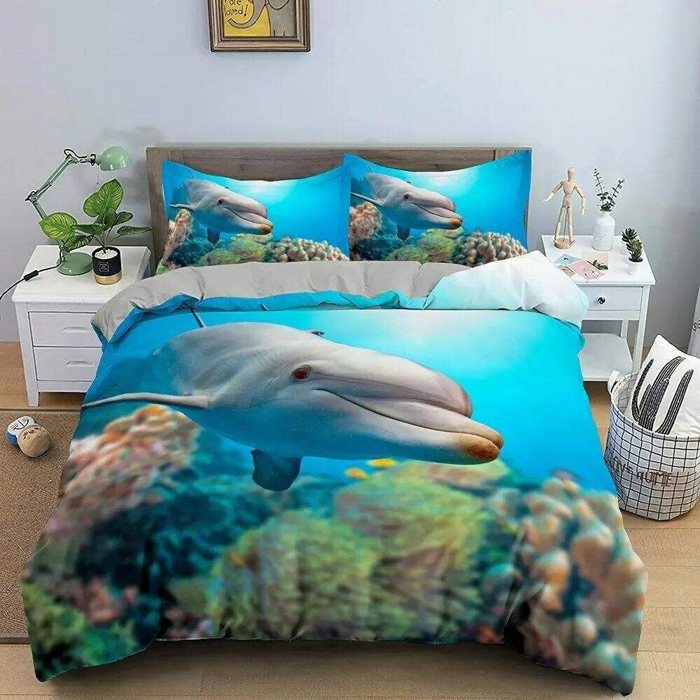 Delfin Sängkläder Set 3D Djur Delfiner I Blått Hav Mjukt Polyester Påslakan Set Enkelt Dubbelt Twin King Size Tonåringar Vuxna Hem
