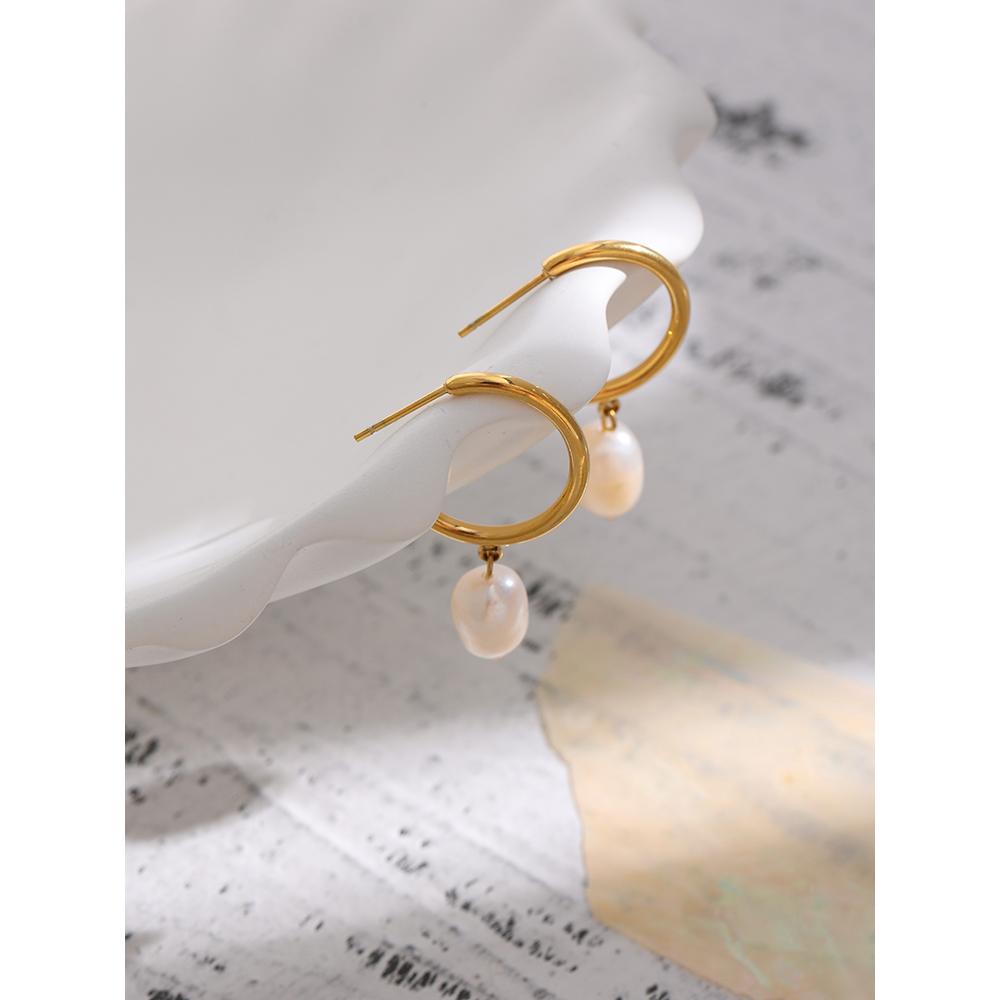 Yhpup Natural Fresh Pearl Drop Dangle Earrings 316 Stainless Steel Gold PVD Plated Water Proof Fashion Earrings for Women Bijoux
