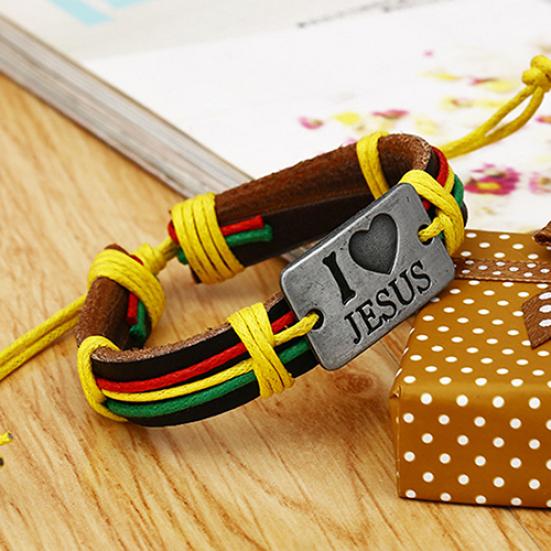 Unisex I LOVE JESUS Faux Leather Bangle Hemp Rope Chain Adjustable Bracelet