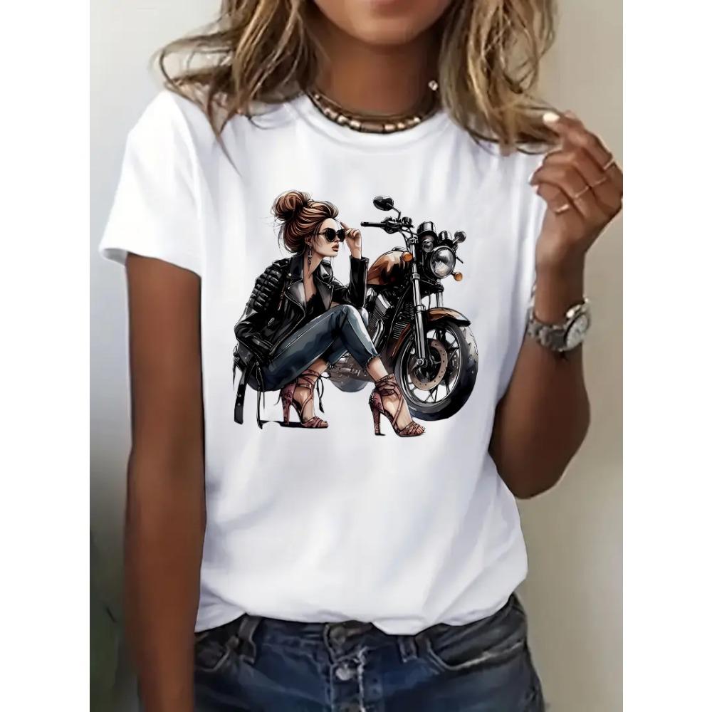 Large Size Women'S Digital Printed Short Sleeved T-shirt Crew Neck Slight Stretch Fabric, Regular Sleeve, All Seasons