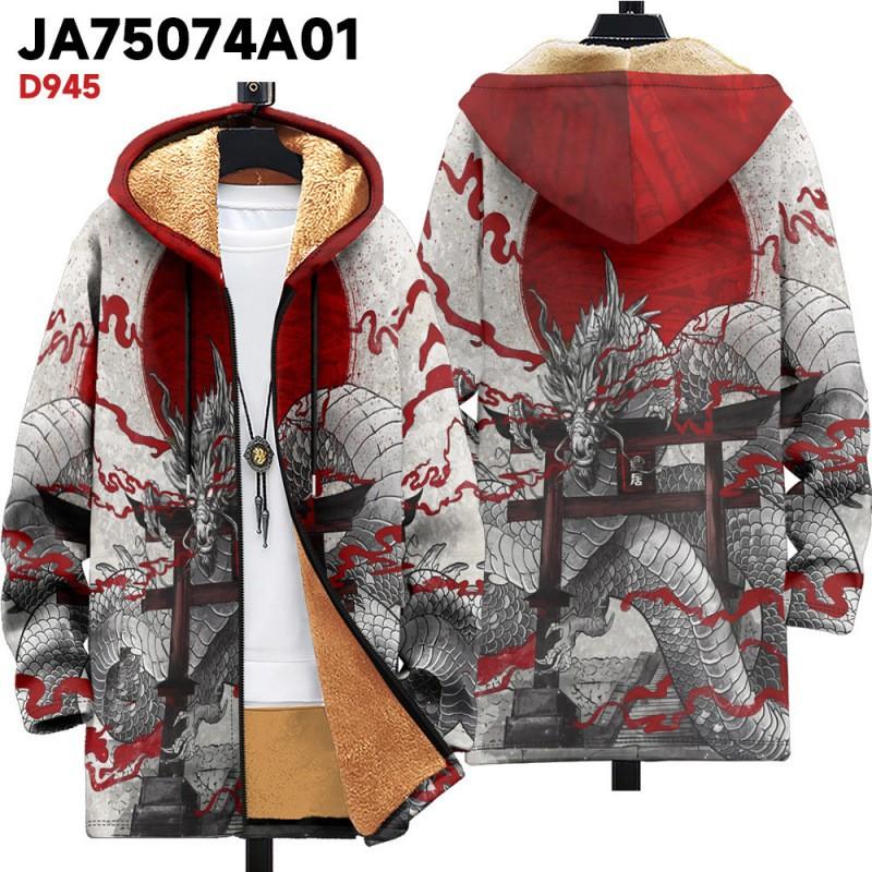 Winter Hooded Zip-up Cotton Jacket Teens British Style 3D Print Fleece Lined Loose Fit Outdoor Wear