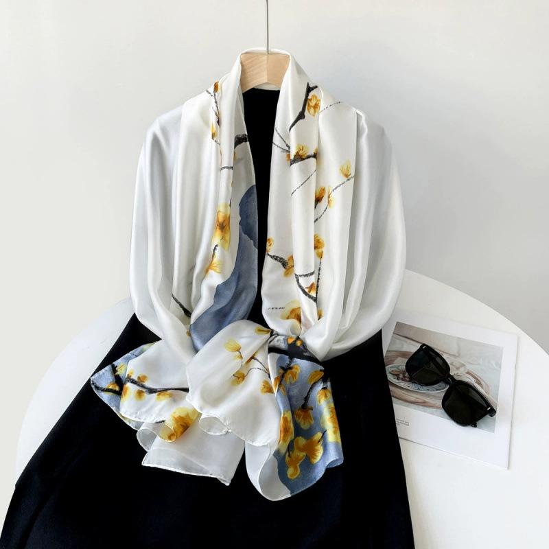 Spring and Summer Thin Silk Scarf High-end Printed Long Scarf New Satin Travel Sunscreen Scarf National Style Cloak