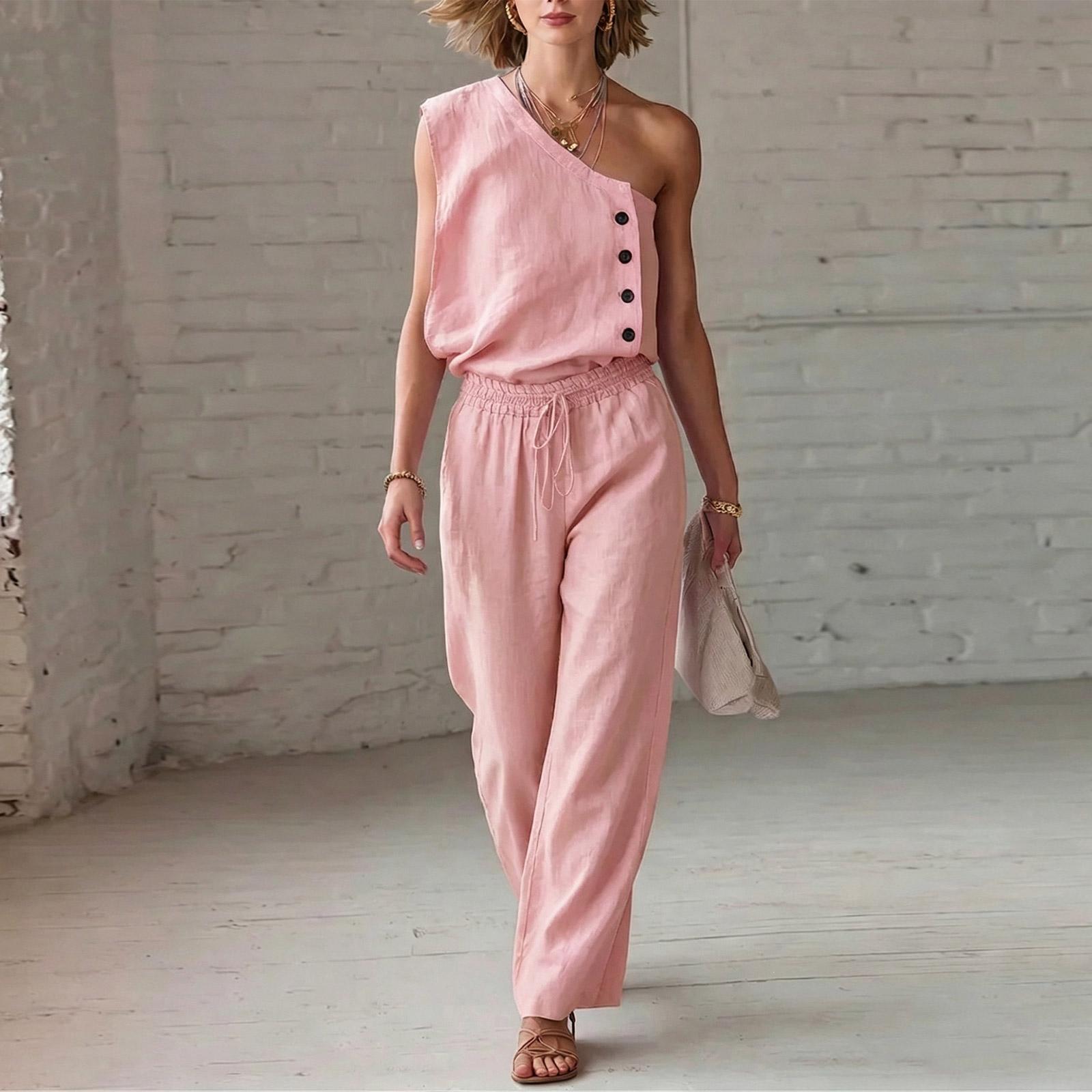 

Women Sleeveless One Shoulder Button Detail Top with Elastic Waistband Pants Two Piece Set Casual Loose Fit Lightweight Fabric L рожевий