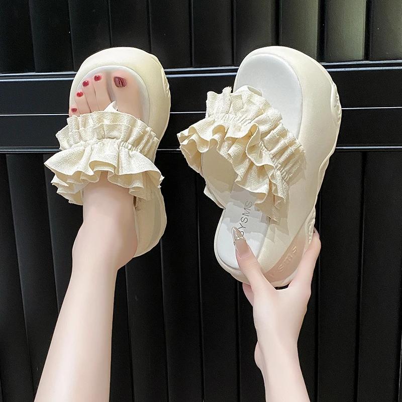 Fashion 8CM Women's High Heels Slippers 2025 New Summer Outdoor Fold Flower Sandals Comfortable Rubber Bottom Chunky Beach Flip Flops