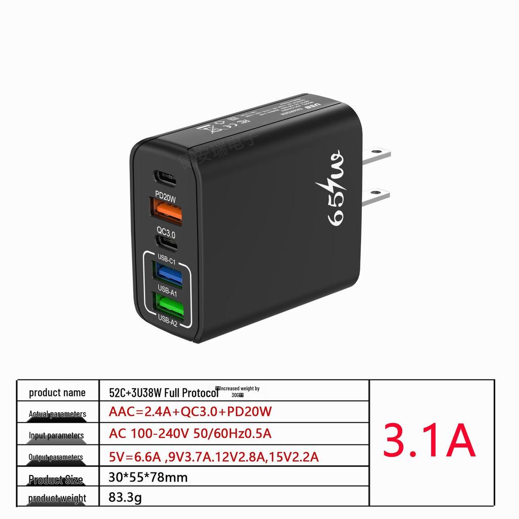 65W Multi-Port Mobile Charger, Fast Travel Adapter with European/UK/US Plug, 3.1A, 2C+3A