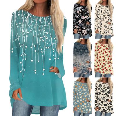 Blusa informal de manga larga con cuello redondo y estampado a la moda para mujer