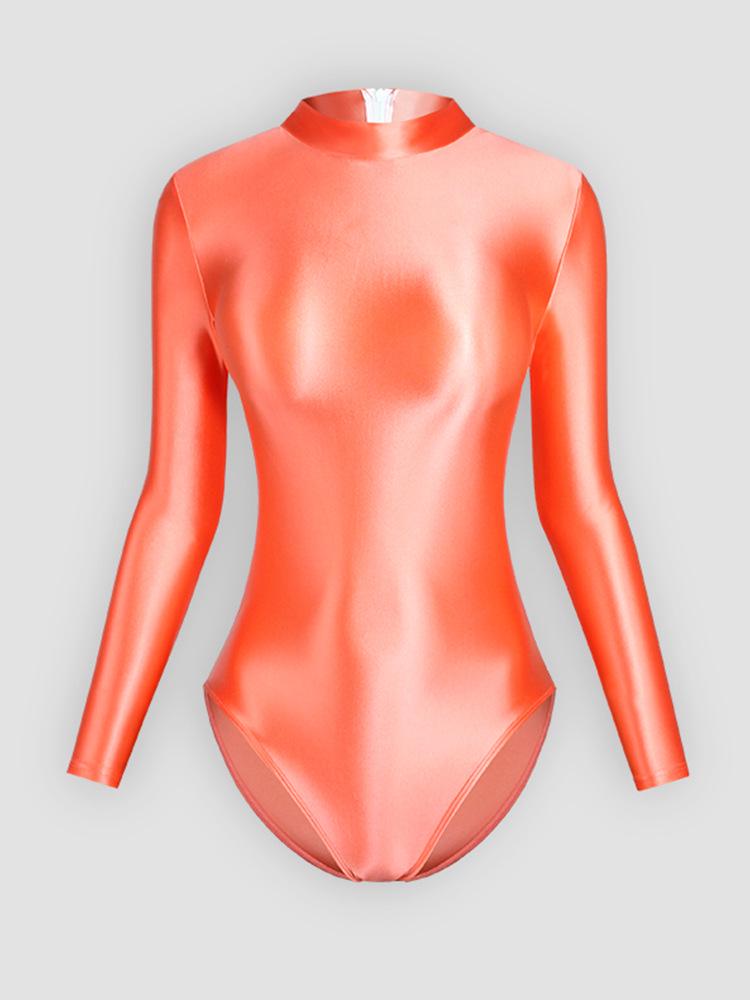 Solid Color High-Cut Rhythmic Gymnastics Leotard Ballet Dancewear - Women's Silky Luster One-Piece Swimsuit Base T-Shirt