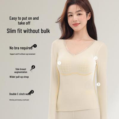 Women’s Cashmere Silk Slimming Underwear Set with Built-In Bra: Warm Cotton-Wool Long Sleeve Top & Bottoms for Autumn/Winter