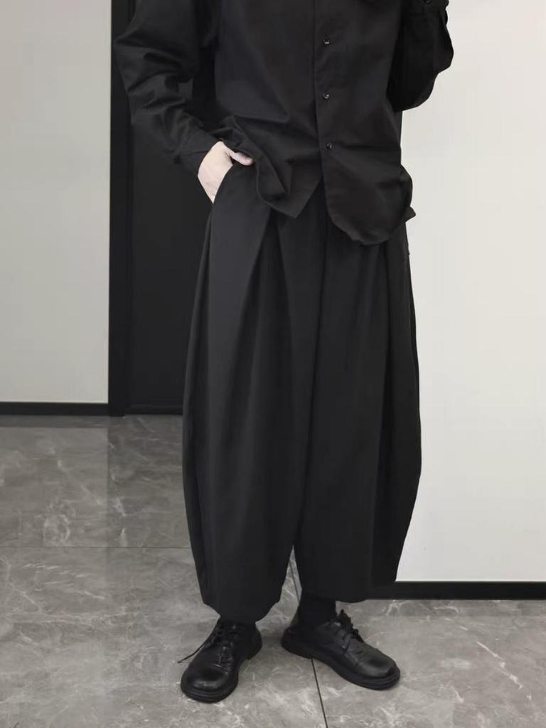 Women's Casual Wide-Leg Lantern Pants - Dark Design, Slimming, Nine-Point, Spring & Autumn Wear.