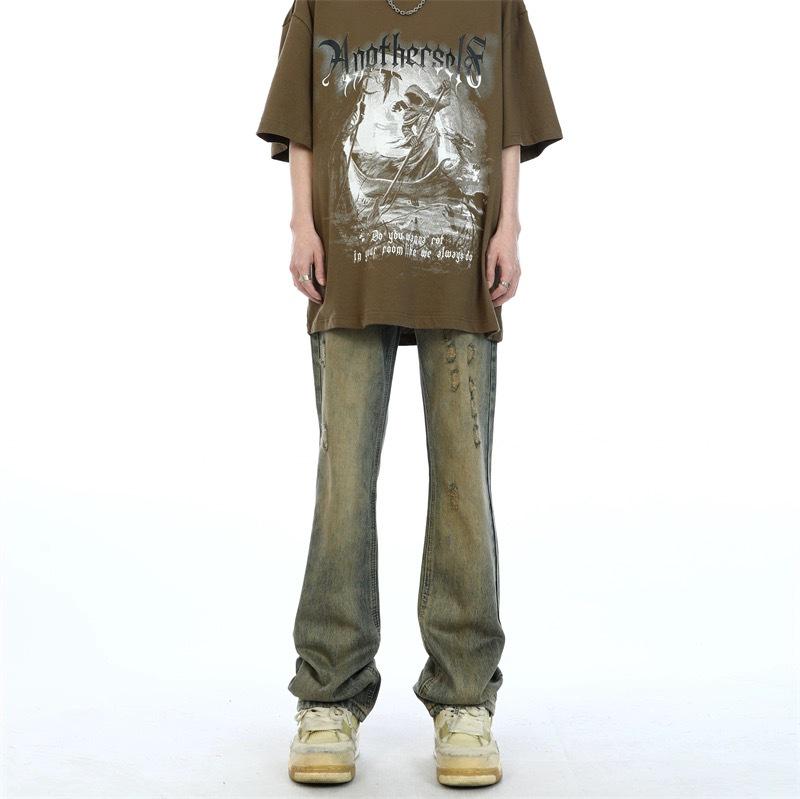 

Унисекс Ретро Потертые Вываренные Джинсы Деним, Стройнящий Желтый Микро-Клеш Small