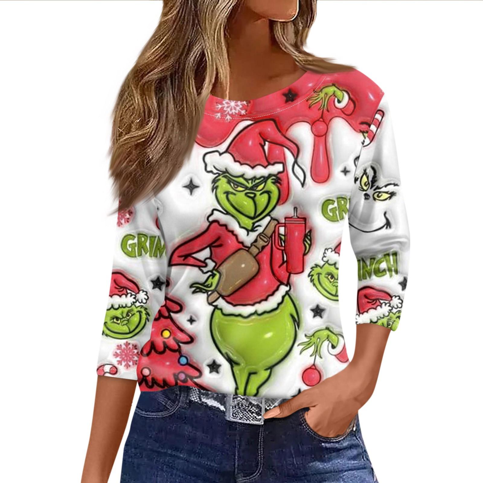 

Women s Fashionable Casual Three Quarter Sleeve Christmas Printed Round Neck Top M красный