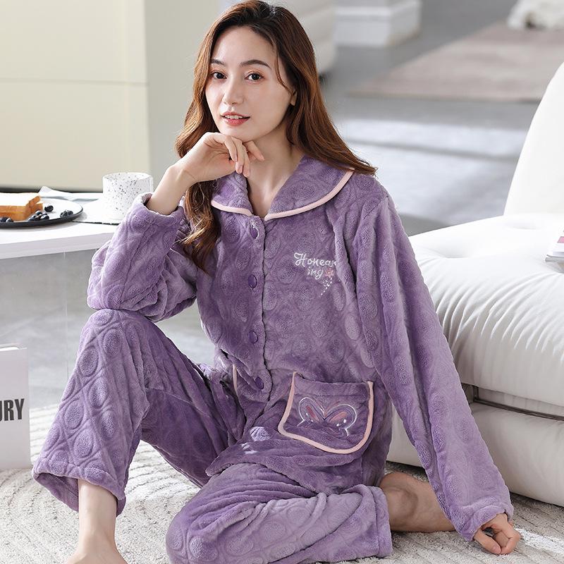 Women's Plus Size Thick Coral Fleece Pajamas - Warm Flannel Homewear for Autumn and Winter