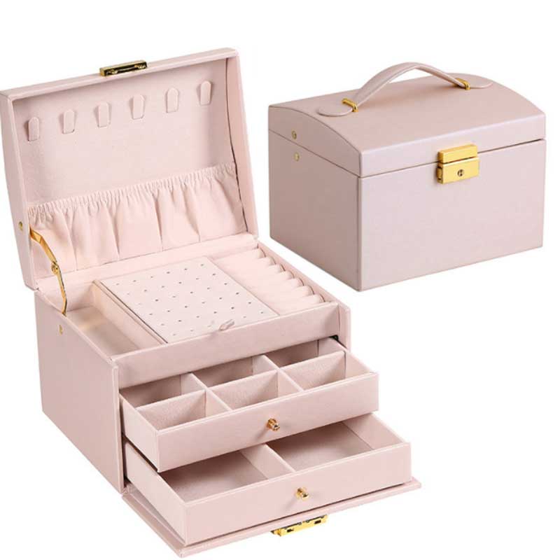 Three Drawer Handheld Jewellery Box Earring Ring Necklace Storage Box PU Leather Jewellery Display Box With Security Key Lock