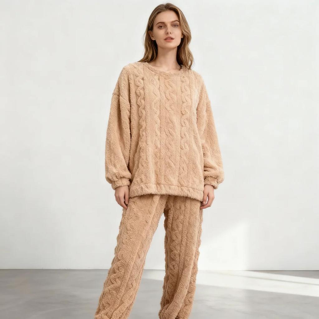 Autumn Women Solid Warm 2 Piece Sets Thicken Velvet Ribbed Fleece Set Pullover and Pants Women Casual Pajama Sets