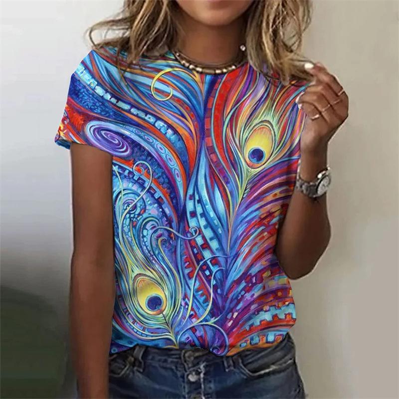 Feather Short Sleeved T-shirt 3D Printed Clothing Animal Art Women's T-shirt