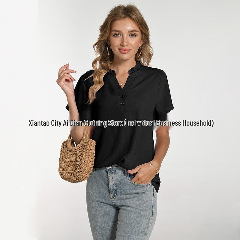 

2024 Lace Collar Button Short-Sleeve Women s T-shirt - Fashionable, Comfortable, Breathable L чёрный