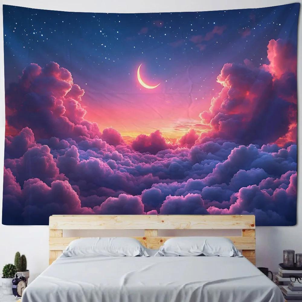 Dreamy Gradient Moon Sky Tapestry with Pink Clouds Wall Hanging Cloth for Romantic Living Room And Bedroom Decor