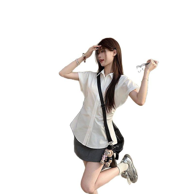 Korean White Polo Collar Short-sleeved Shirt Women's Summer Pleated Slim-fit Shirt Design Temperament Slim Top