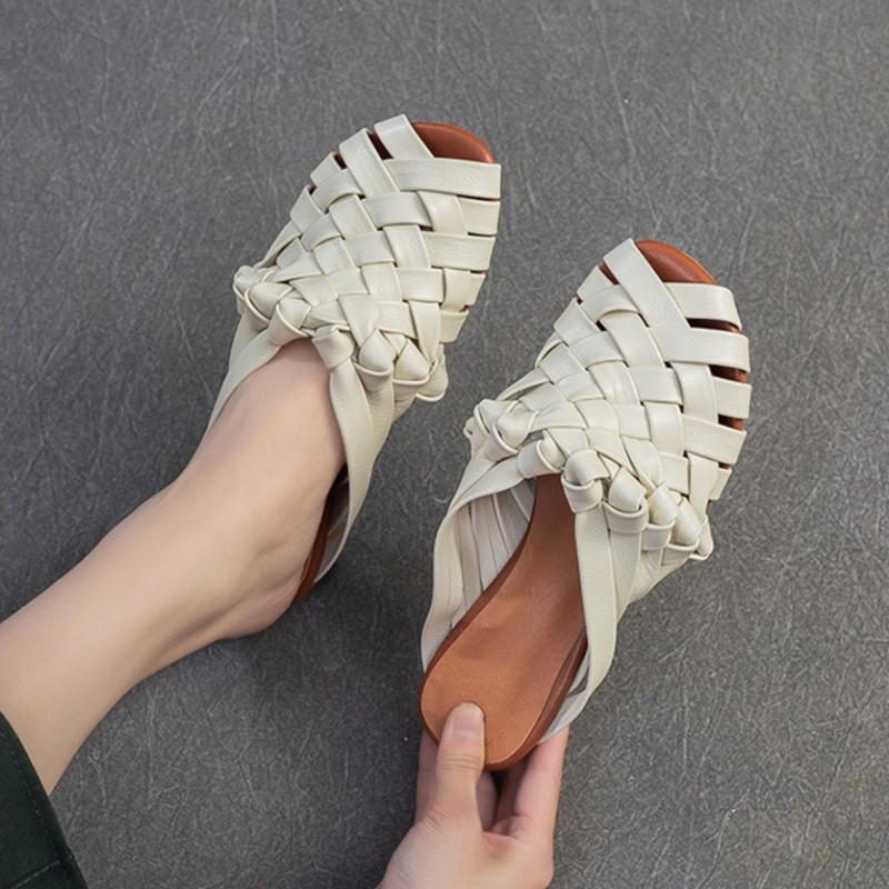 Fashion GKTINOO 2025 New Retro Hand Woven Peep Toe Outdoor Slippers Summer Breathable And Versatile Genuine Leather Women's Shoes
