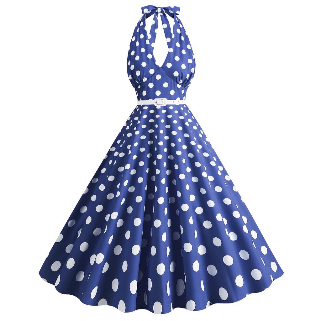 GMXIA Barbie Pink Women's Retro Neckline Polka Dot Print Swing Dress White Leather Belt