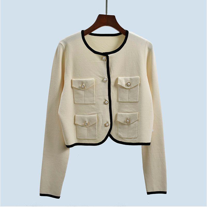 Round Neck Qu Zhu Single-Breasted Short Loose Long Sleeves Cardigan Spring & Fall Women's Outer Wear Contrast Color Fashion Stylish