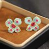 High-end micro-inlaid zircon blue flower stud earrings light luxury and versatile red petal 925 silver needle earrings women's earrings
