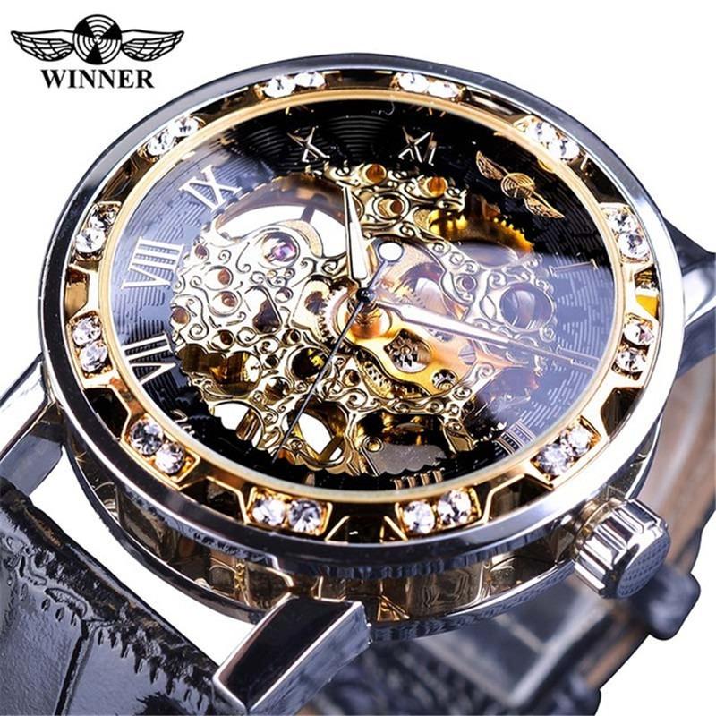 Winner Fashion Classic Roma Watch Men Luxury Gold Skeleton Watches PU Leather Band Mechanical Hand Wind Wristwatches Men