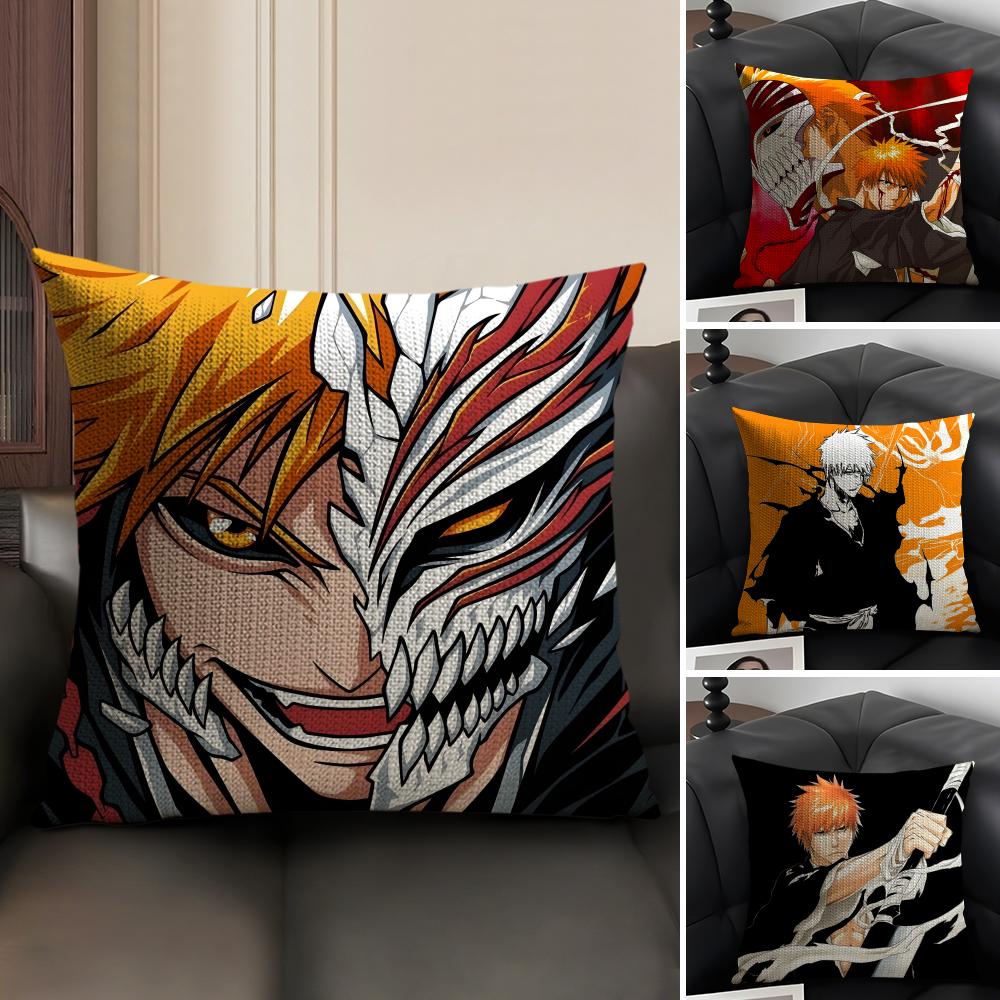 B-Bleach Kurosakii Anime Cushion Cover Natural Linen Organic Fabric Double-Sided Printing Sofa Home Decor Gift Pillow Case