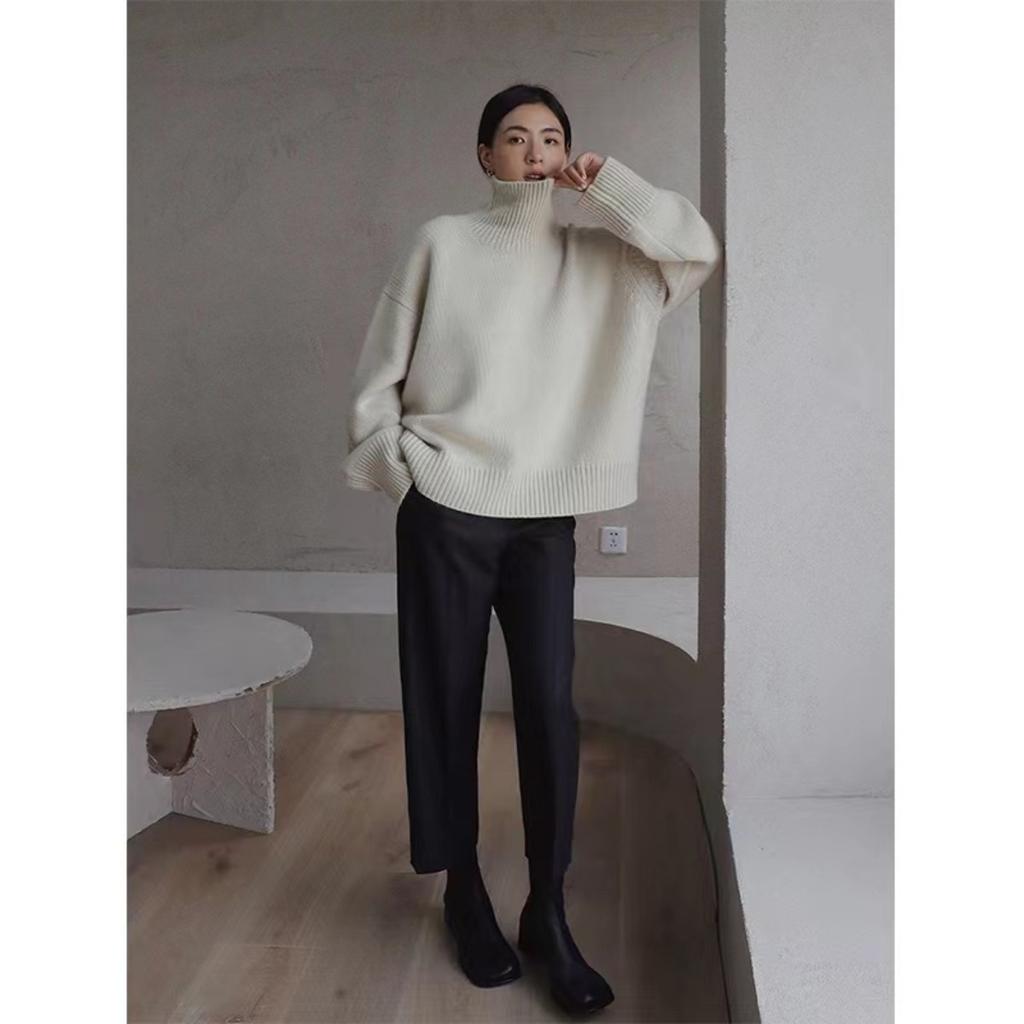 Knitted Sweater Women's High Neck Pullover Sweater Women's New Loose and Lazy Style Slimming Solid Color Base Shirt Top Women