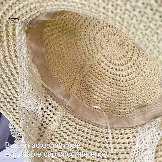 Sonnenhut aus Stroh mit breiter Krempe, gestrickter Fischerhut aus hohlem Stroh mit Spitzenbandverzierung, Sommer-Strandhut für Wanderausflüge und Reisen