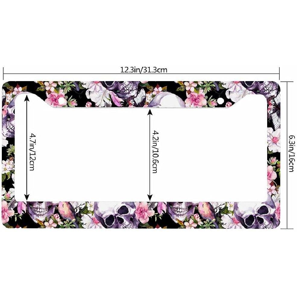 Decorative License Plate Frame Sugar Skull and Flower Car Tag Frame Aluminum Auto License Plate Holder for Men Women