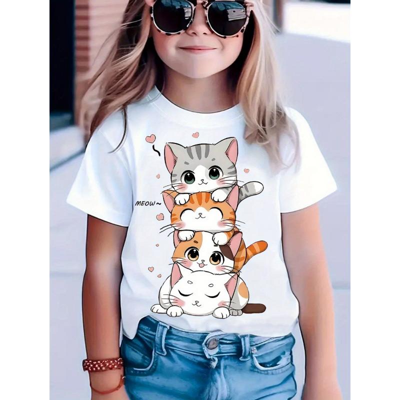 Kawaii Cat Girls Clothes 3D Print Children's T-Shirt O-Neck Pullover Girl Short Sleeve T-Shirt Comfortable Children's Clothing