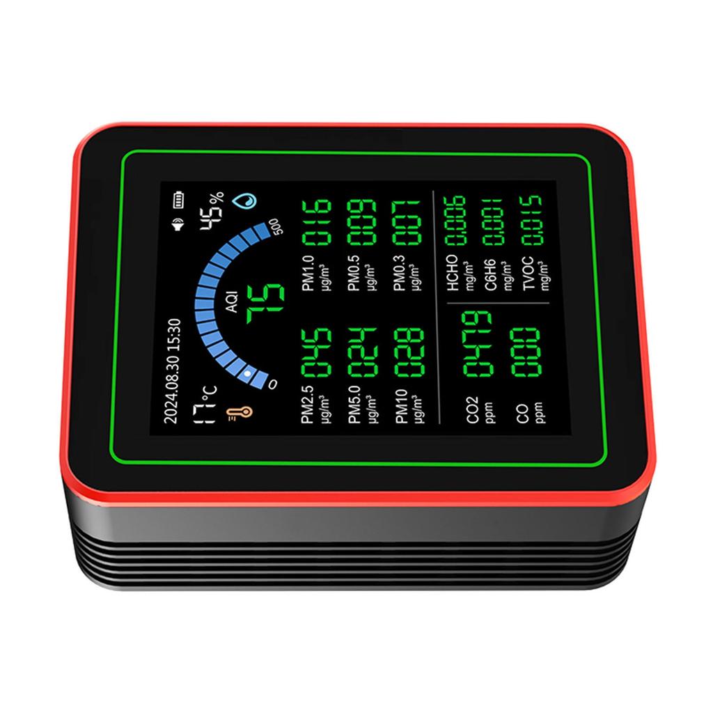 Air Quality Meter 18 In 1 CO2 TVOC HCHO PM2.5 PM10 Temp Humid Detect Tester Indoor Battery Powered Data Storage Black