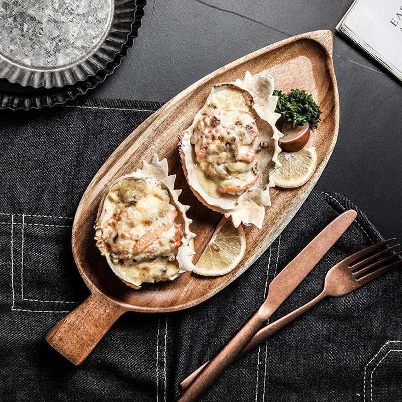 1Pc Acacia Wood Plate Leaf Shape Wooden Dessert Bread Plate Large Fruit Cake Tray Food Serving Platter Wooden Utensils Tableware